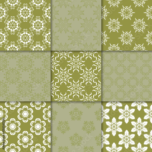 Olive green floral ornaments. Collection of seamless patterns