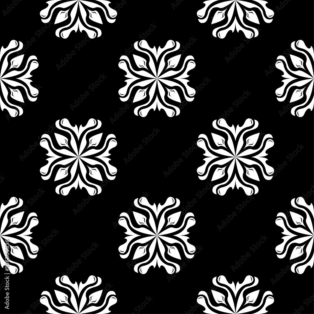 White floral seamless pattern on black background White floral seamless pattern on black background