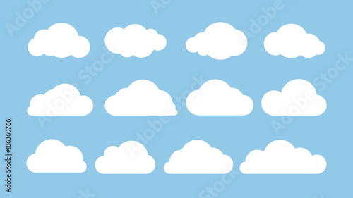 Cartoon flat set of white clouds isolated on blue background. Abstract element concept. Vector illustration