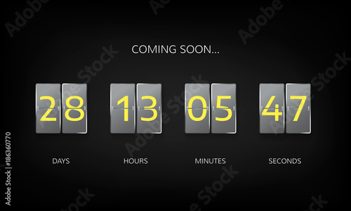 Countdown timer clock counter. Countdown web site flat template. Flip business scoreboard display design. Vector illustration on dark background