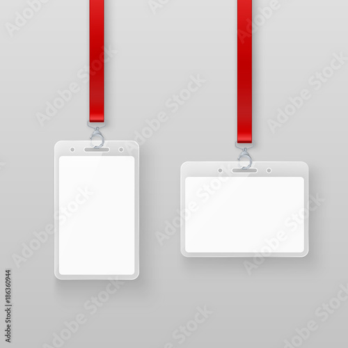Identification white empty blank plastic id cards set. Authorization system in events or in office. Vector illustration isolated on gray background