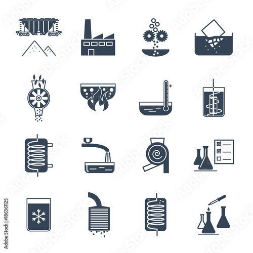 set of black icons industrial production process, equipment