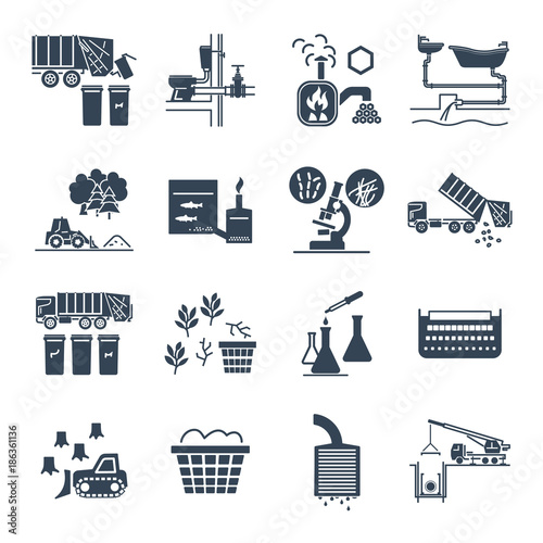 set of black icons waste, garbage, refuse, sewage, sewerage
