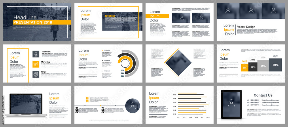 Business presentation slides templates from infographic elements. Can be used for presentation, flyer and leaflet, brochure, corporate report, marketing, advertising, annual report, banner, booklet.  - obrazy, fototapety, plakaty 
