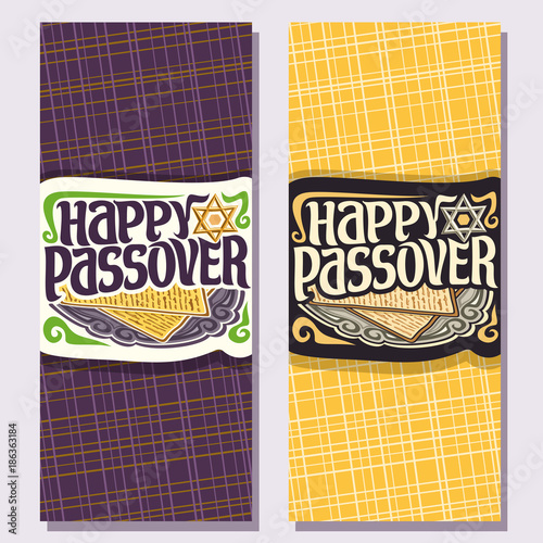 Vector vertical greeting cards for Passover holiday, decorative handwritten font for text happy passover, on vintage plate kosher flatbread matzah, star of David, cut paper sign on abstract background