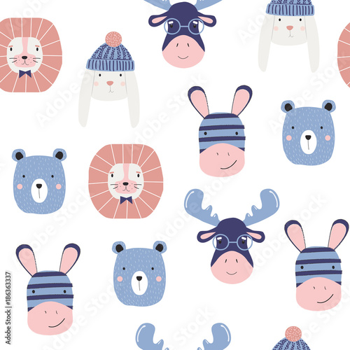 Funny kids seamless pattern with animal faces. Cute childish print. Vector hand drawn illustration.