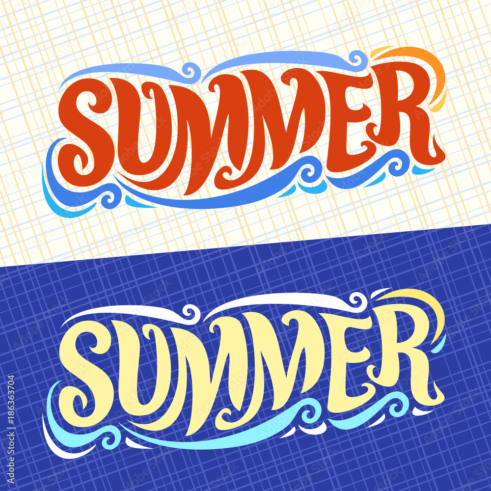 Vector banners for Summer season, lettering typography for calligraphic summer sign, decorative handwritten font for brush text summer, vintage summertime logo with waves on blue abstract background. Vector banners for Summer season, lettering typography for calligraphic summer sign, decorative handwritten font for brush text summer, vintage summertime logo with waves on blue abstract background.