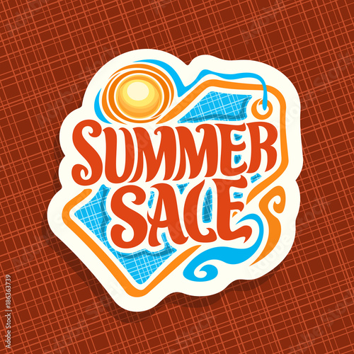 Vector logo for Summer season Sale, promotion price tag for summer discount, decorative handwritten font for text summer sale, summertime cut paper label with hot sun, promo coupon for seasonal offer.