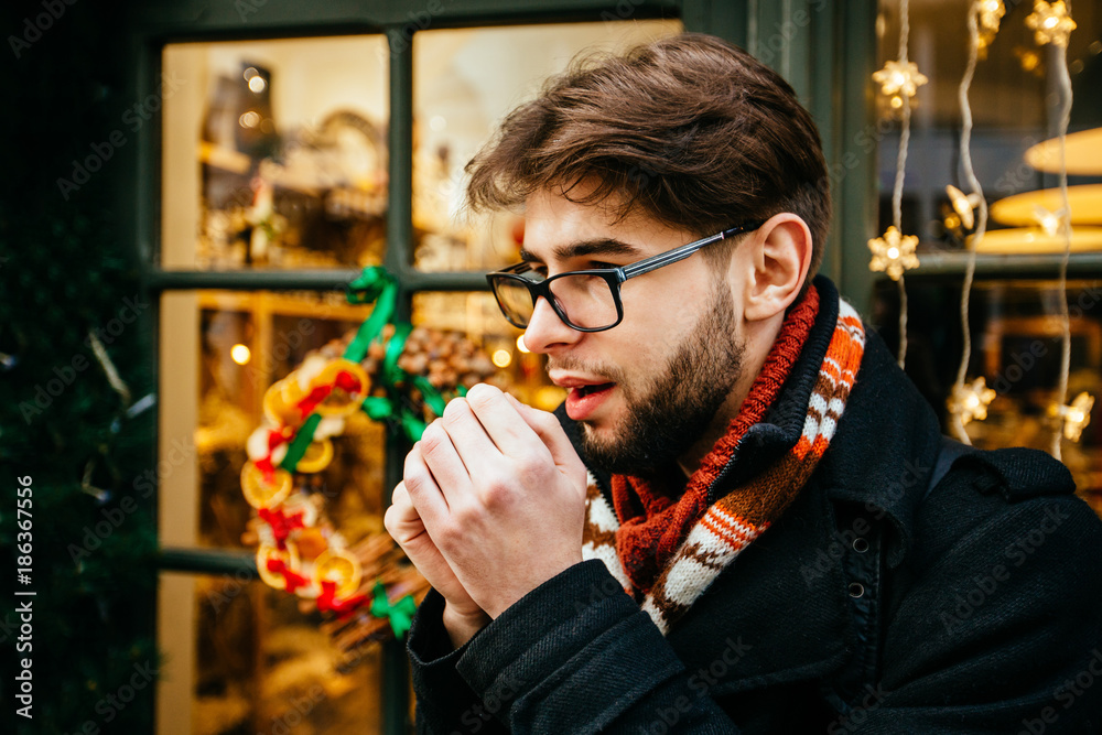 Outdoor portrait of beard man in winter Christmas background and warmed the hands of breath. Guy posing on street. Travel mood concept. Outdoor portrait of beard man in winter Christmas background and warmed the hands of breath. Guy posing on street. Travel mood concept.