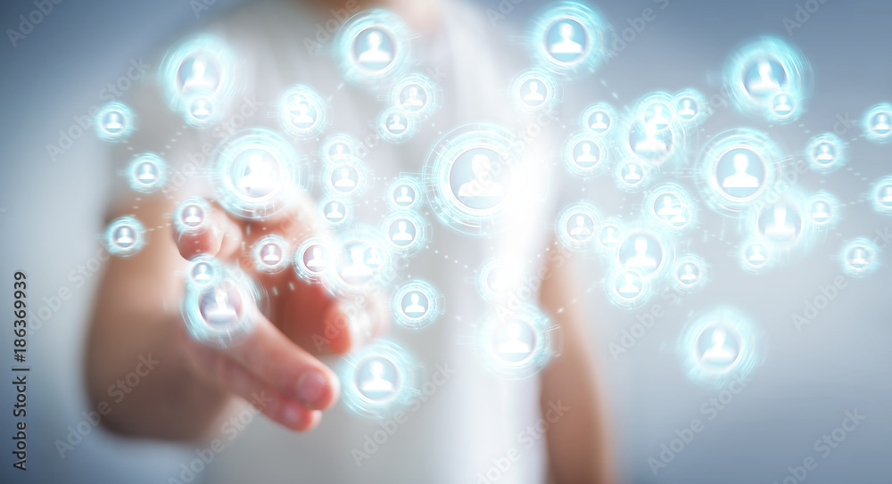 Businessman using social network interface 3D rendering Businessman using social network interface 3D rendering