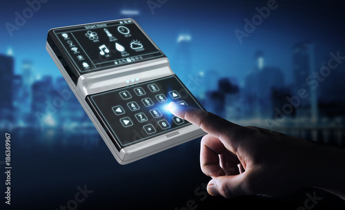 Businessman using smart home remote device 3D rendering