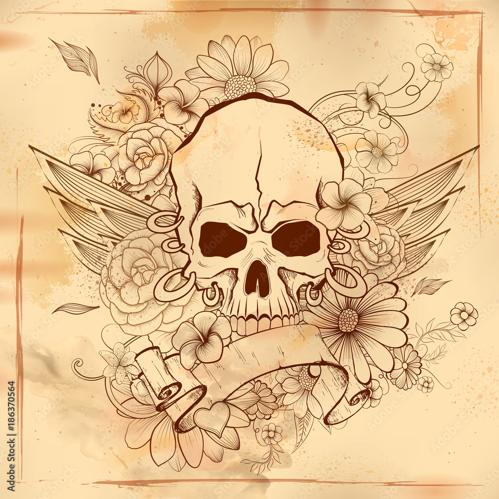 Vintge style grungy skull print retro background