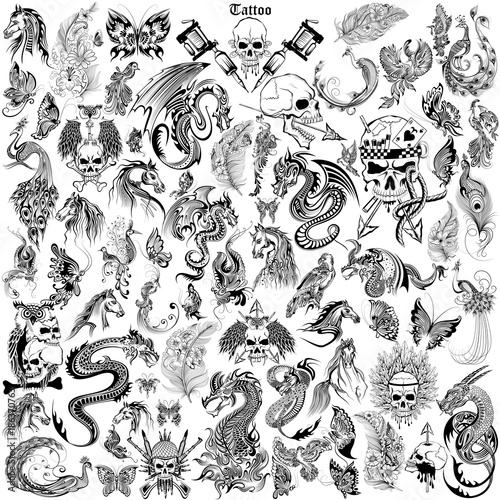 Tattoo art design of Skull, Horse, Dragon anf Flora collection