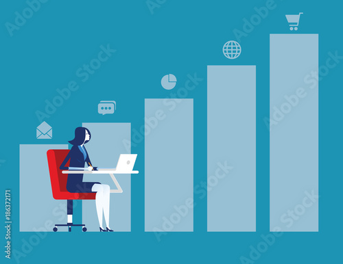 Growth. Businesswoman working and graph to success. Concept business vector illustration.