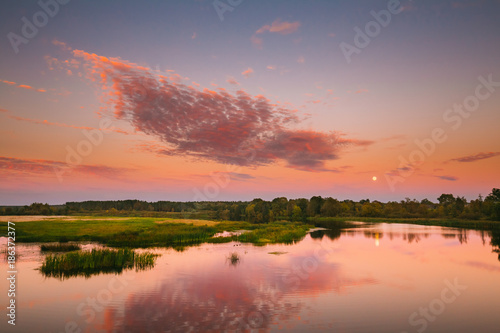 River Landscape In Belarus Or European Part Of Russia In Sunset 
