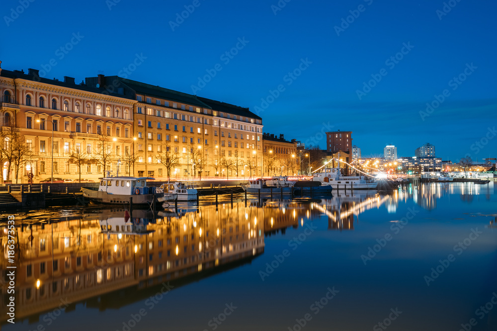 Helsinki, Finland. View Of Pier With Boats And Pohjoisranta Street