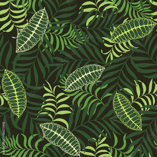 Tropical background with palm leaves. Seamless jungle floral pattern