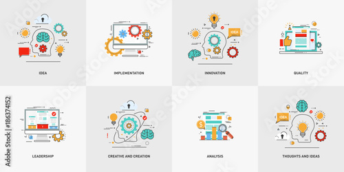 Set of vector conceptual flat line illustrations. Creative and creation, thoughts and ideas. Silhouette of a head, bulb gear, cloud, brain, speech balloon. Vector illustration photo
