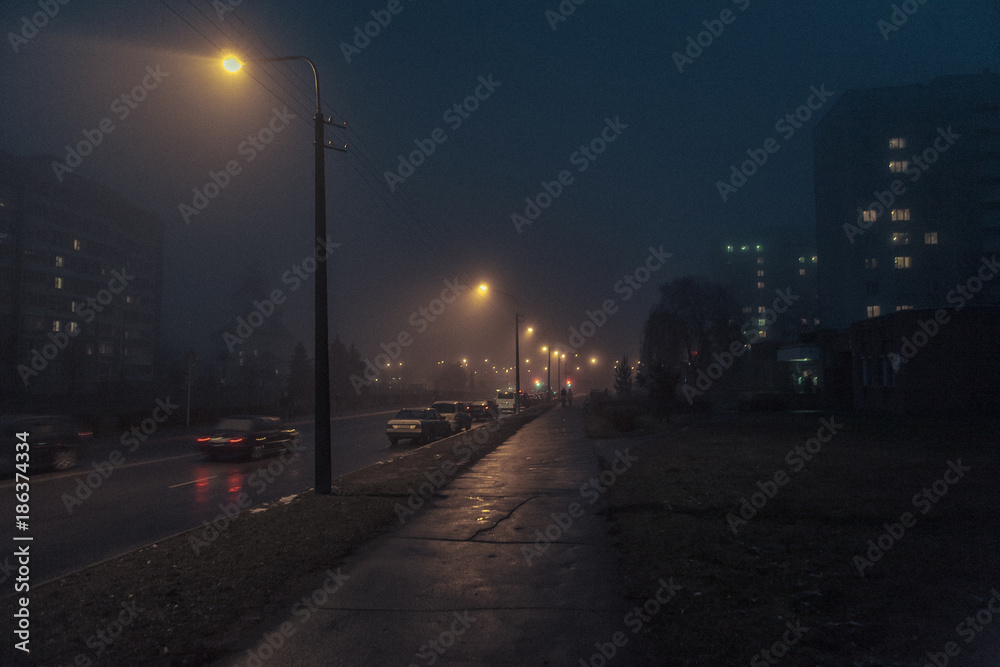 The night street scene. Minsk. Belarus.