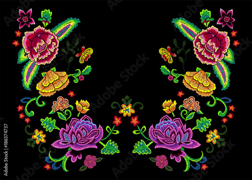 Embroidery neckline pattern with colorful simplify flowers. Vector embroidered floral patch for clothing design.