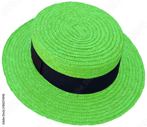 chapeau de paille vert , canotier Maurice Chevalier, fond blanc  photo