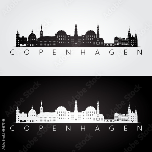 Copenhagen skyline and landmarks silhouette, black and white design, vector illustration.