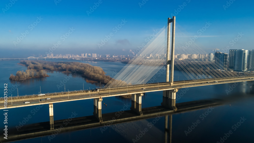 Aerial view of the South Bridge. Aerial view of South subway cable bridge. Kiev, Ukraine.