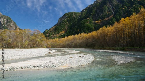 秋の上高地　梓川とカラマツの黄葉