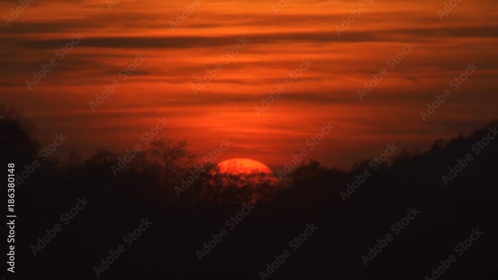 Beautiful sunset with sun setting behind trees on a hill Beautiful sunset with sun setting behind trees on a hill