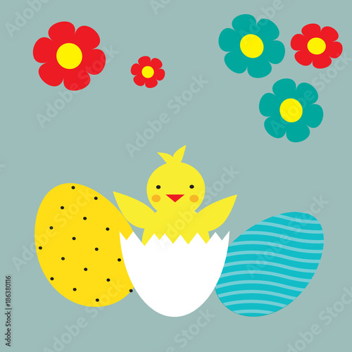 Happy easter greeting card. Cute chicken.