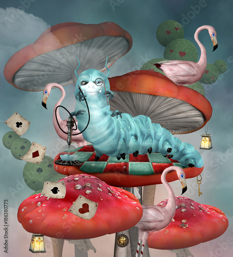 Wonderland series - Caterpillar smokes an  hookah on a mushroom in a fairytale scenery