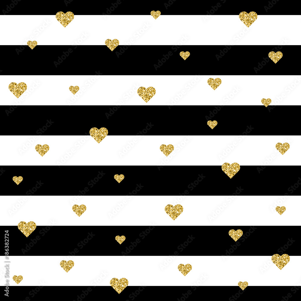 Seamless pattern with gold glitter hearts on black background