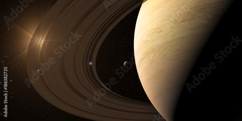 planet Saturn along with its satellites in space, close-up 3D rendering