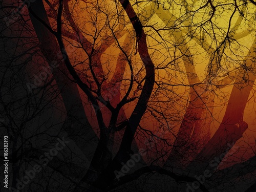 Dead trees in yellow and red light - Concepts of Halloween, Friday the 13th, mystery. Double exposure with flare light. Dark area on the bottom-left corner is for adding text (copy space).