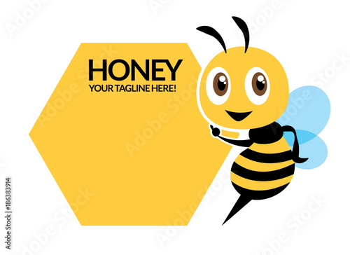 Flat cartoon cute bee pointing to signage or signboard