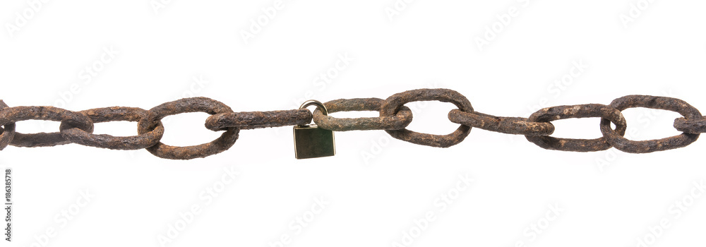 Large rusty chains closed by a tiny padlock. Concept of the break security. Isolated on white background. With copy space text. Studio Shoot. Large rusty chains closed by a tiny padlock. Concept of the break security. Isolated on white background. With copy space text. Studio Shoot.