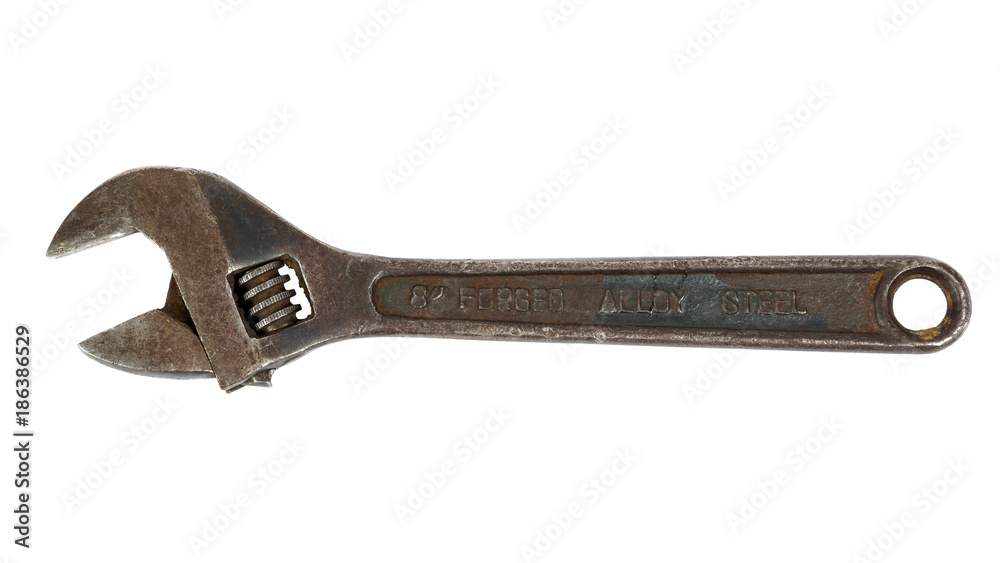 Rusty adjustable wrench on white background Rusty adjustable wrench on white background
