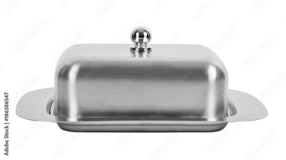 Metal butter container on white background
