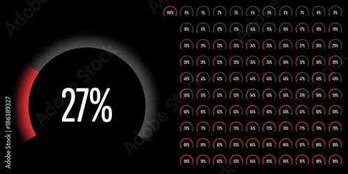 Set of circular sector percentage diagrams from 0 to 100 ready-to-use for web design, user interface (UI) or infographic - indicator with red
