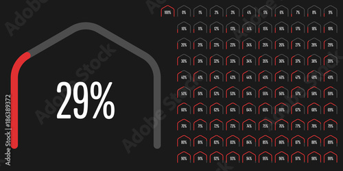 Set of circular sector hexagonal shape percentage diagrams from 0 to 100 ready-to-use for web design, user interface (UI) or infographic - indicator with red