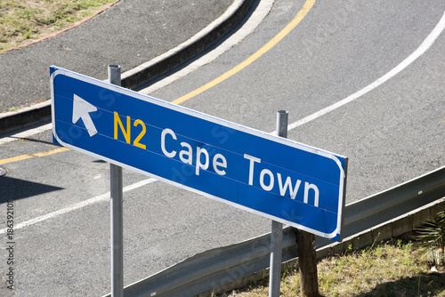 Road sign pointing towards Cape Town South Africa. December 2017.
