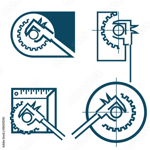 
four illustrations consisting of an image of a caliper and a gear in the form of a symbol or logo