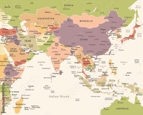 Southern Asia Map - Vintage Vector Illustration