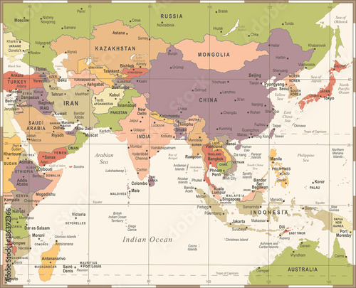 Southern Asia Map - Vintage Vector Illustration