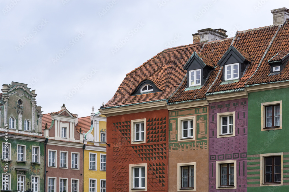 Colorful tenement houses in historic main square of Poznań, Poland