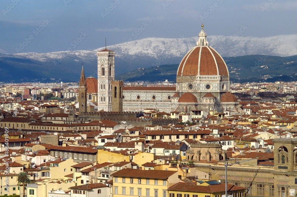 The Dome of Florence (Cathedral of Santa Maria del Fiore) as seen from Piazzale Michelangelo. Winter season, Italy.