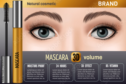 Waterproof mascara design picture for advertising use of company. Vector 3d illustration.