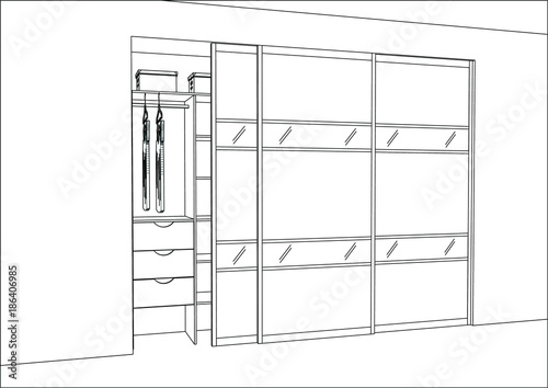 3D vector sketch. Wardrobe in the interior. Big modern wardrobe with folded and hanging clothes. Home Interior Design Software Programs. Lines, projection, construction, appliances, decorations, shop.