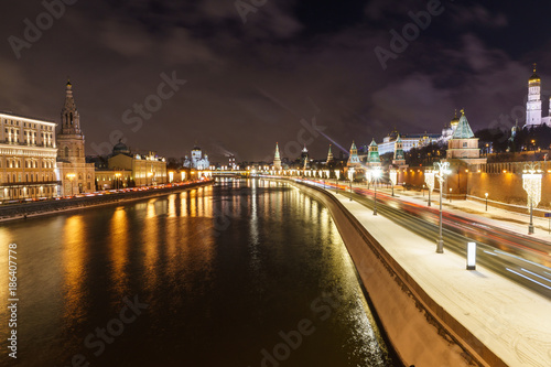 Illuminated Moscow Kremlin and Moscow river in winter
