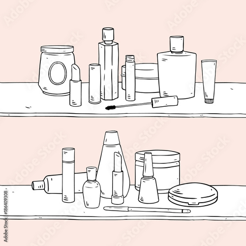 Set of blank template Make up Cosmetics hand drawn vector illustration with lipstick,rouges,powders,foundation,cream,lotion,nail lacquers,fragrances,eye makeup,mascara,eye liner,brow pencil on shelf
